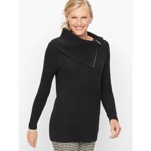 TALBOTS Split Neck Cotton Blend Sweater BLACK preppy cozy neck Zip sz SP Petite